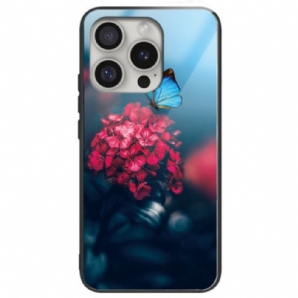 Hülle iPhone 16 Pro Max Blumen Aus Gehärtetem Glas Und Blauer Schmetterling