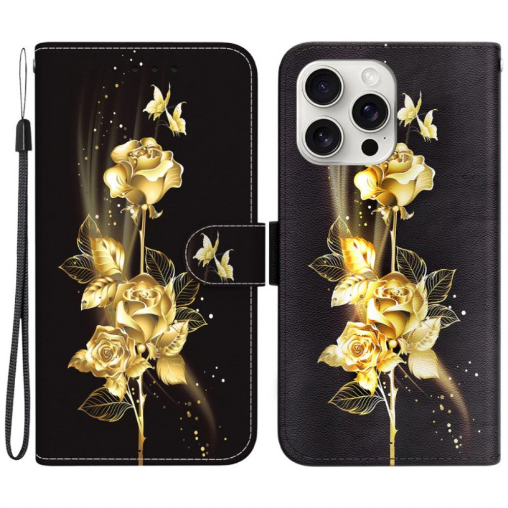 Lederhüllen Für iPhone 16 Pro Max Goldene Und Rosa Schmetterlinge Mit Riemen