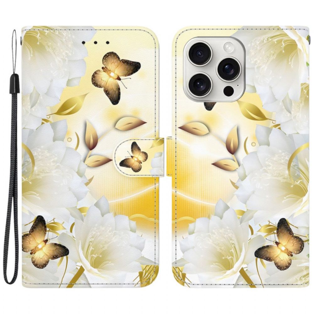 Lederhüllen iPhone 16 Pro Max Goldene Schmetterlinge Und Blumen Mit Riemen