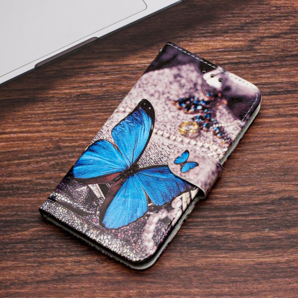 Lederhüllen iPhone 16 Pro Max Handyhülle Blauer Schmetterling Mit Riemen