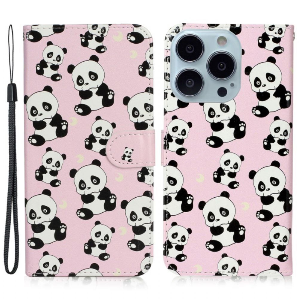 Lederhüllen iPhone 16 Pro Max Handyhülle Kleine Pandas Mit Riemen