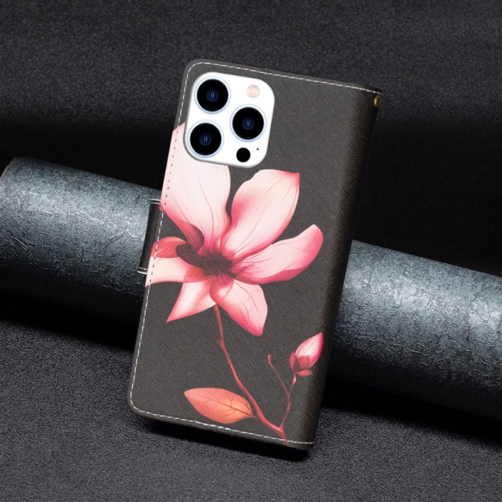 Lederhüllen iPhone 16 Pro Max Rosa Blumen-geldbörse Auf Schwarzem Hintergrund