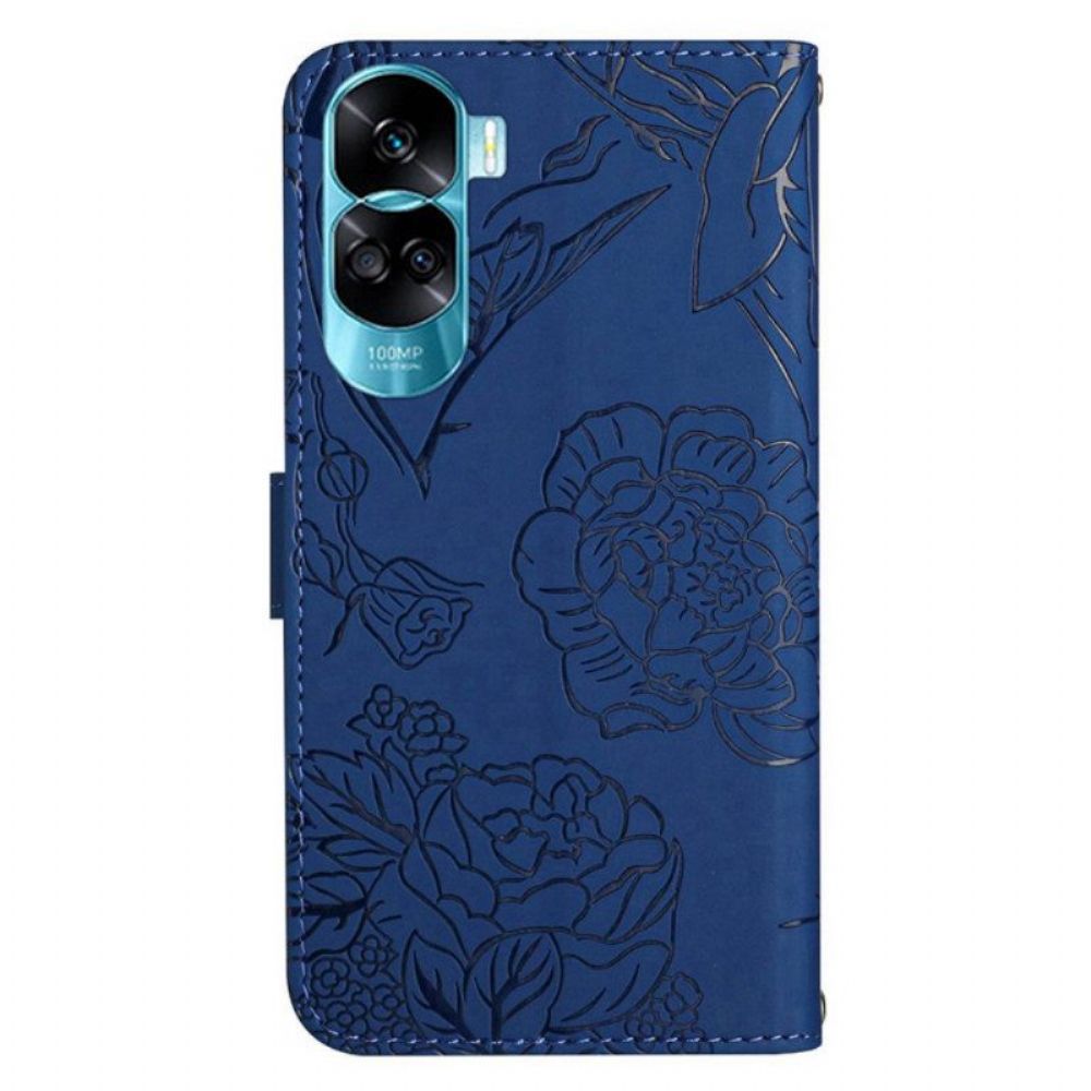 Flip Case Für Honor 90 Lite Mit Kordel Schlüsselband Schmetterlinge