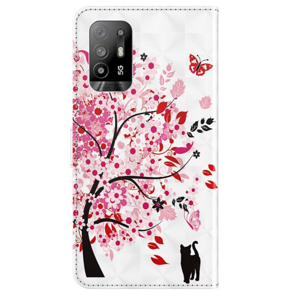 Flip Case Für Oppo A94 5G Rosa Baum Mit Lanyard