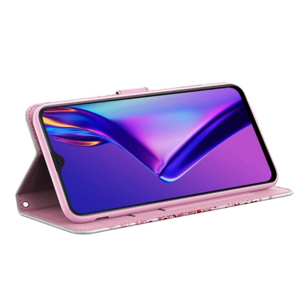 Flip Case Für Oppo A94 5G Rosa Baum Mit Lanyard