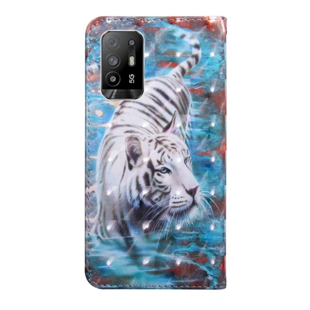 Flip Case Für Oppo A94 5G Tiger Kunstleder Mit Riemen