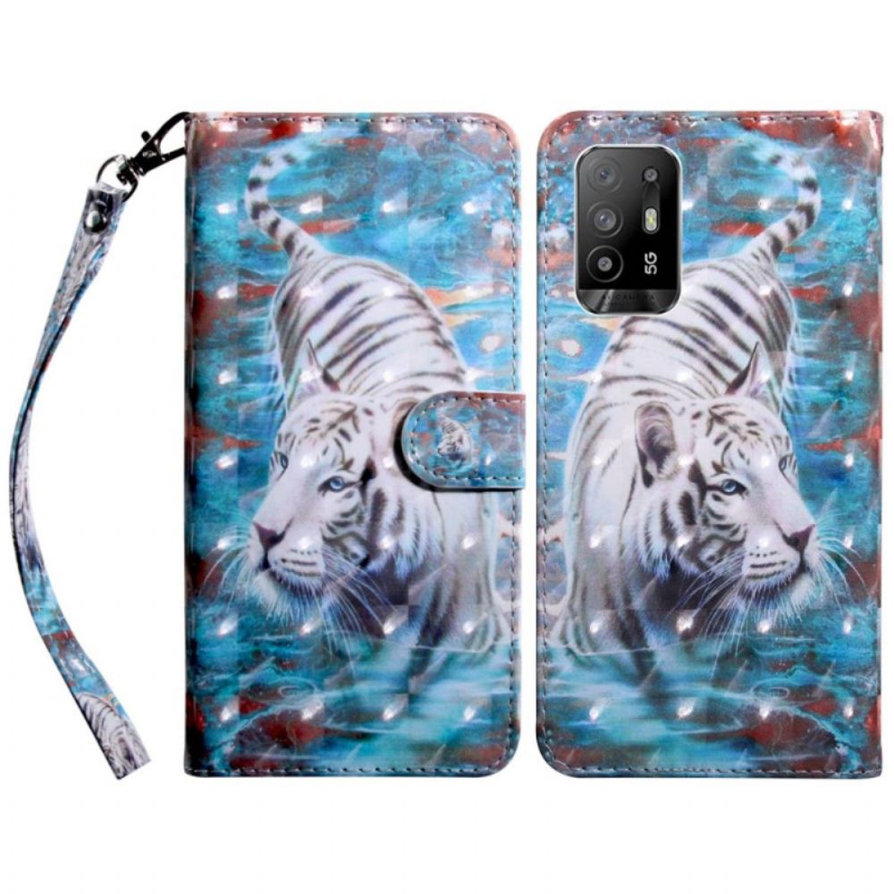 Flip Case Für Oppo A94 5G Tiger Kunstleder Mit Riemen