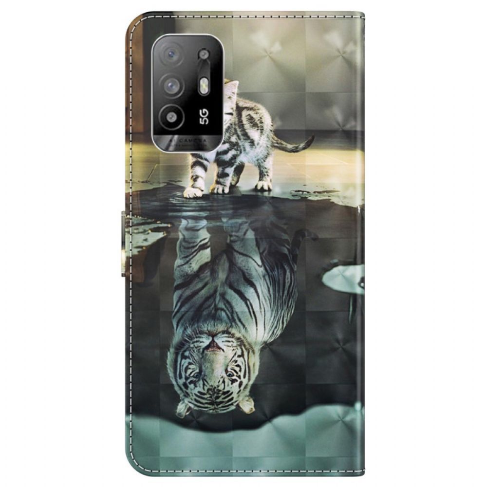 Lederhüllen Für Oppo A94 5G Katze Und Tiger Mit Lanyard