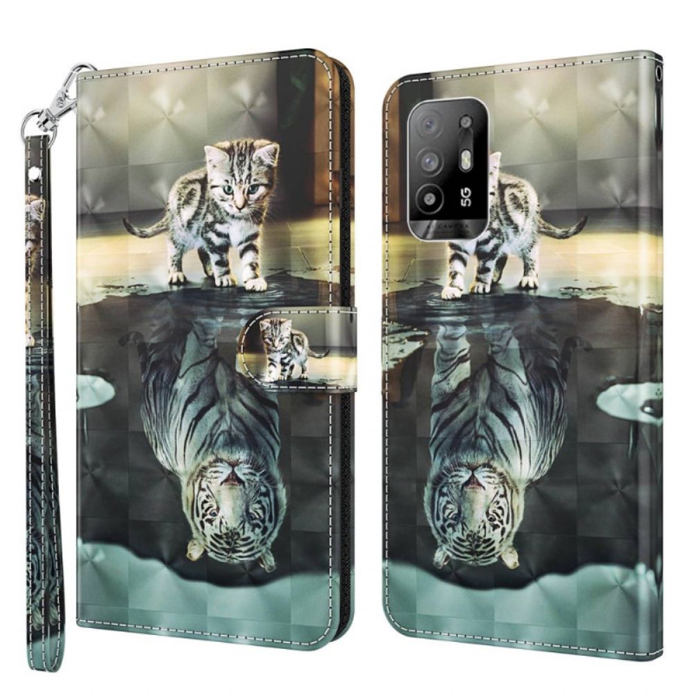 Lederhüllen Für Oppo A94 5G Katze Und Tiger Mit Lanyard