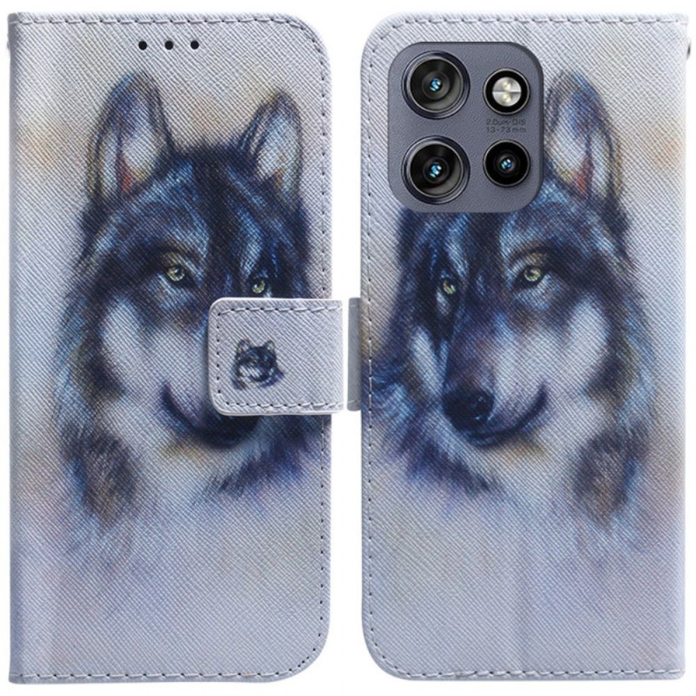 Lederhüllen Für Motorola Edge 50 Neo Wolf-aquarell