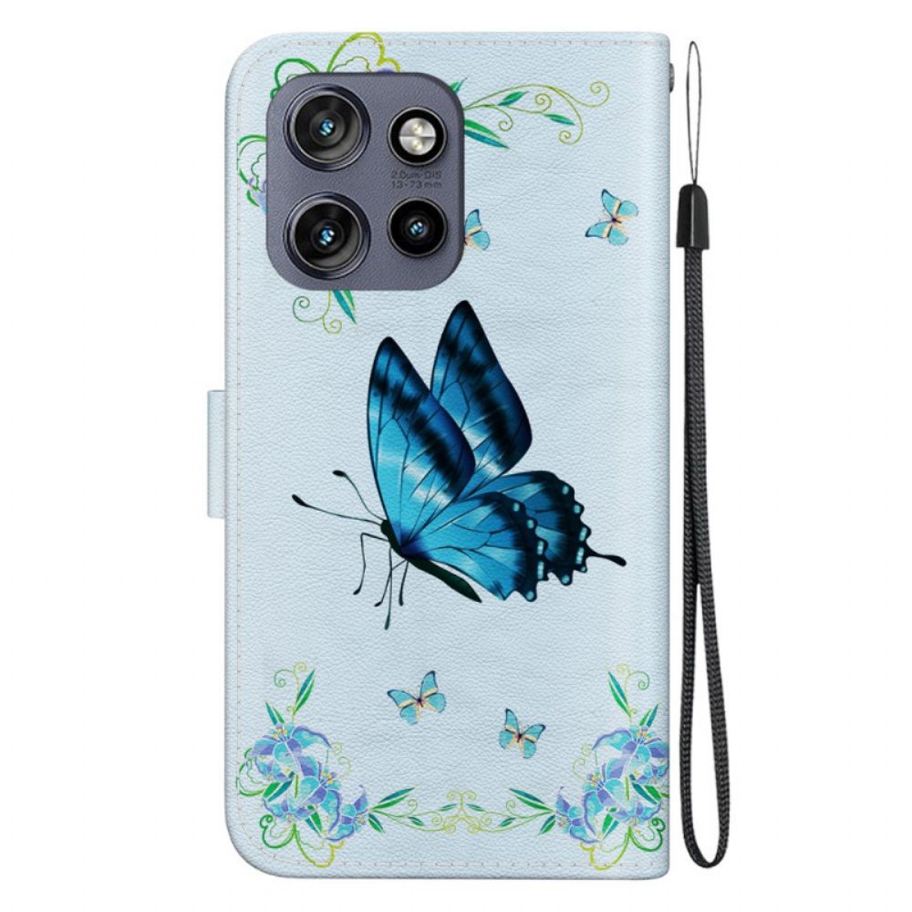 Lederhüllen Motorola Edge 50 Neo Blauer Schmetterling Und Blumen