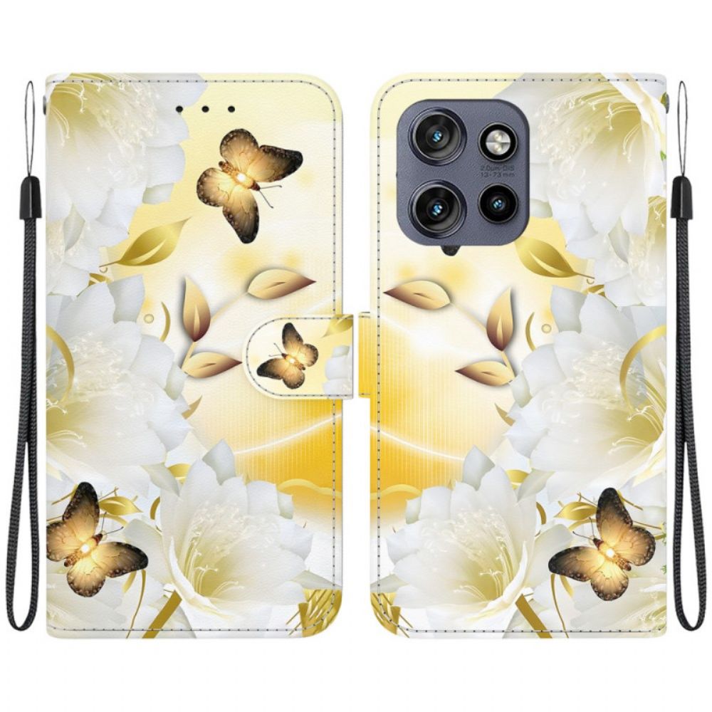 Lederhüllen Motorola Edge 50 Neo Handyhülle Goldene Schmetterlinge Und Weiße Blumen