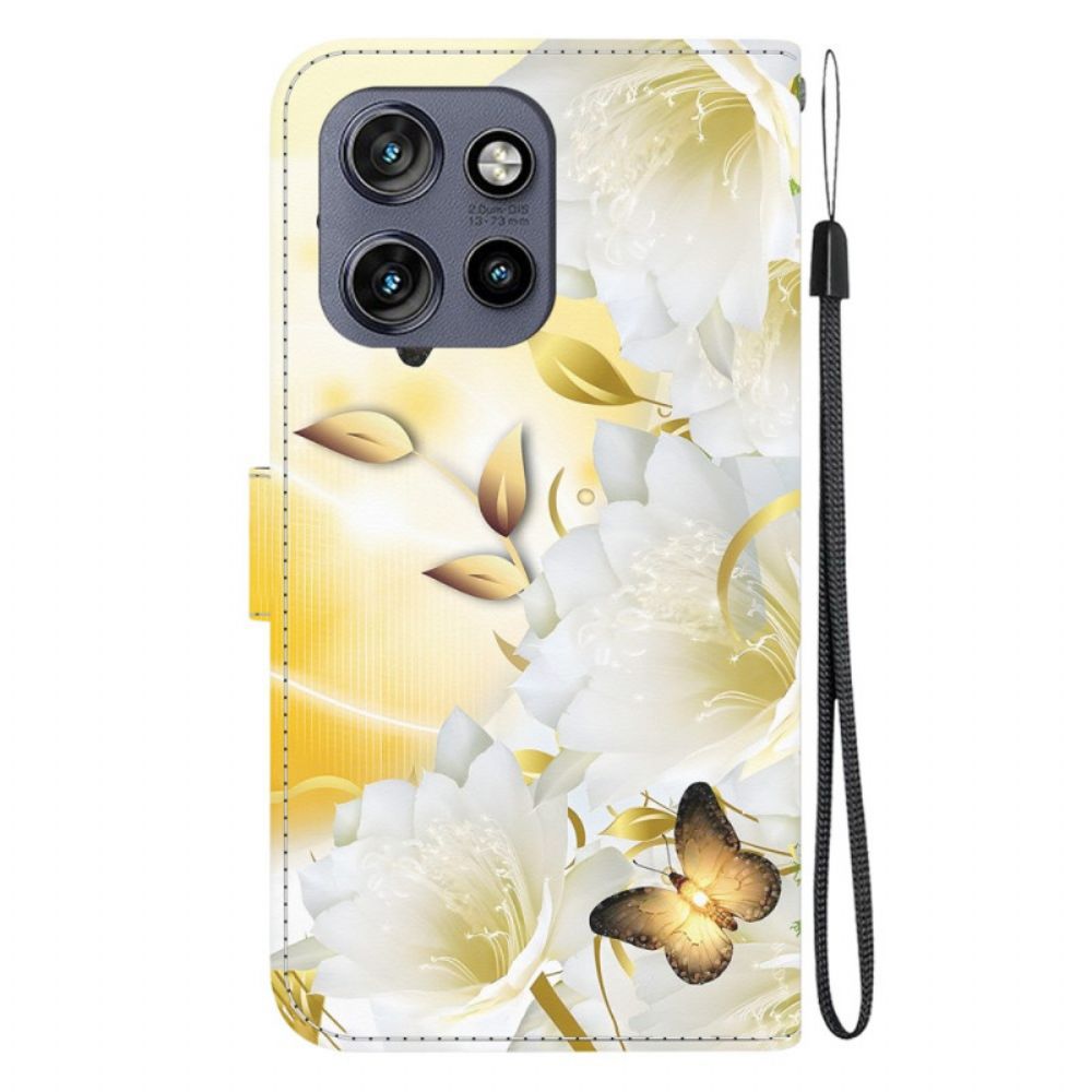 Lederhüllen Motorola Edge 50 Neo Handyhülle Goldene Schmetterlinge Und Weiße Blumen