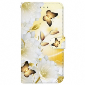 Lederhüllen Samsung Galaxy S24 Fe Handyhülle Goldene Schmetterlinge Und Weiße Blumen