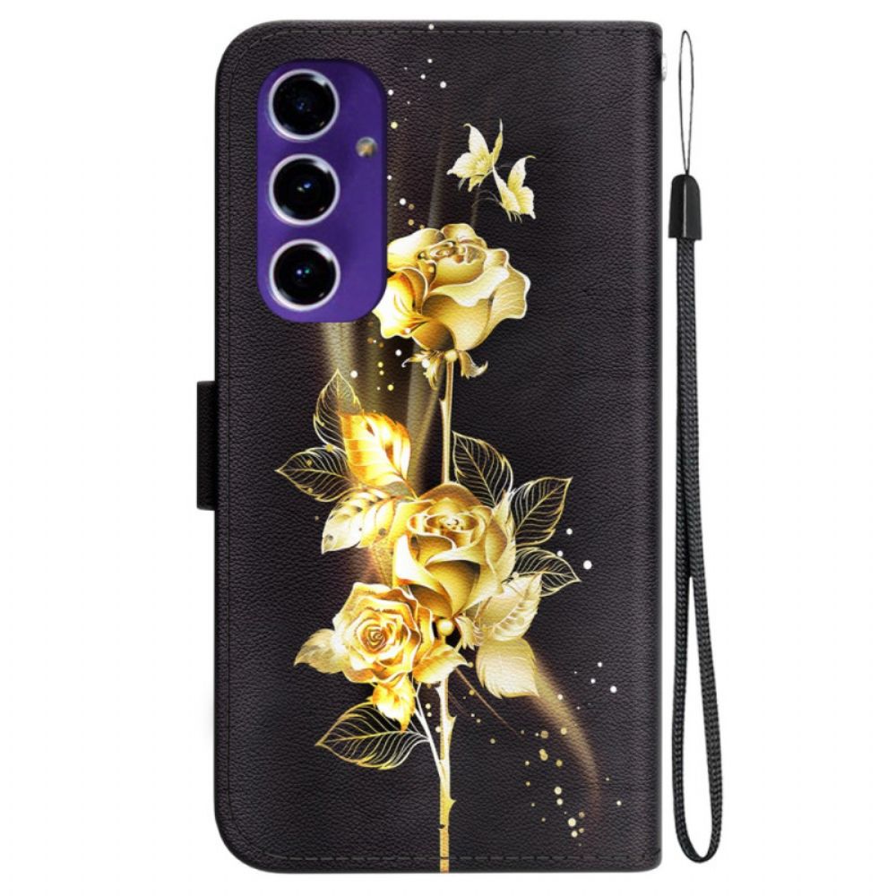 Lederhüllen Samsung Galaxy S24 Fe Handyhülle Goldene Und Rosa Schmetterlinge Mit Riemen