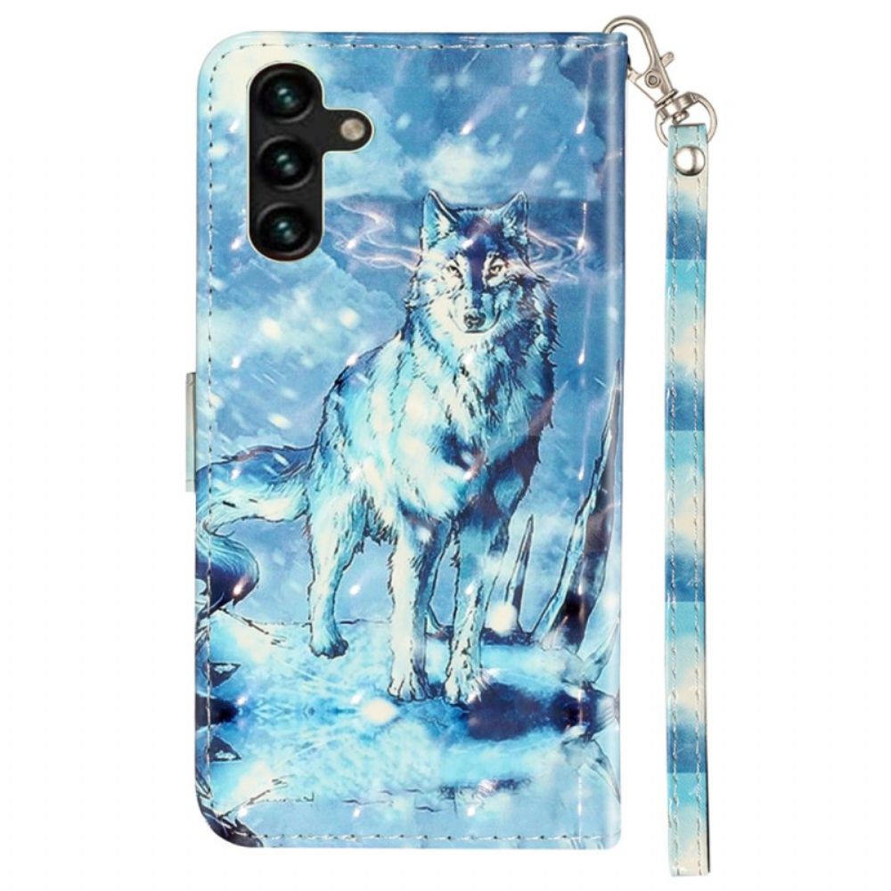 Lederhüllen Samsung Galaxy S24 Fe Handyhülle Schneewolf Mit Riemen