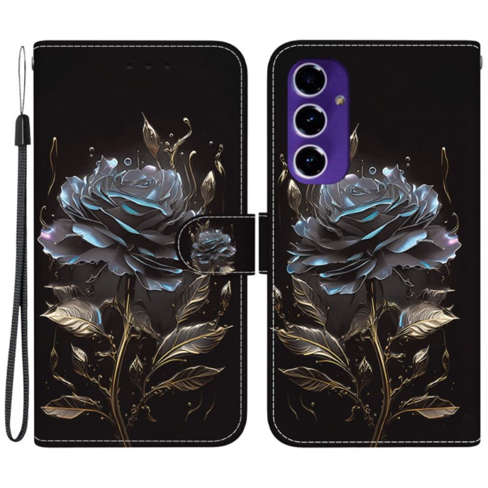 Lederhüllen Samsung Galaxy S24 Fe Handyhülle Schwarze Rose Mit Riemen