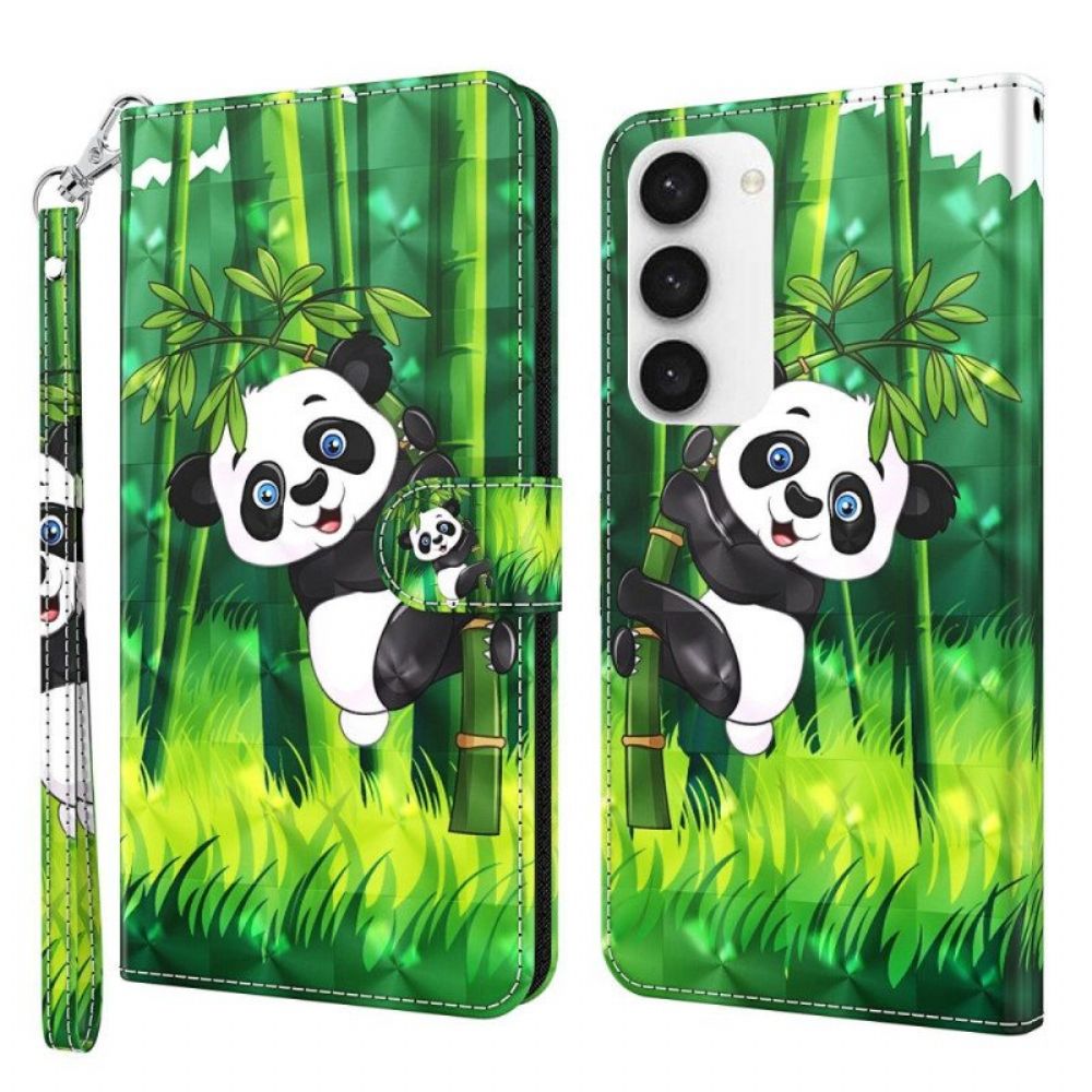 Lederhüllen Für Samsung Galaxy S23 Plus 5G Mit Kordel Panda Und Bambus Mit Schlüsselband