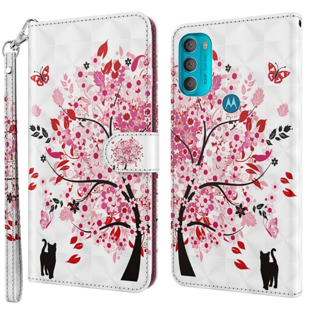 Lederhüllen Für Moto G71 5G Rosa Baum Und Schwarze Katze