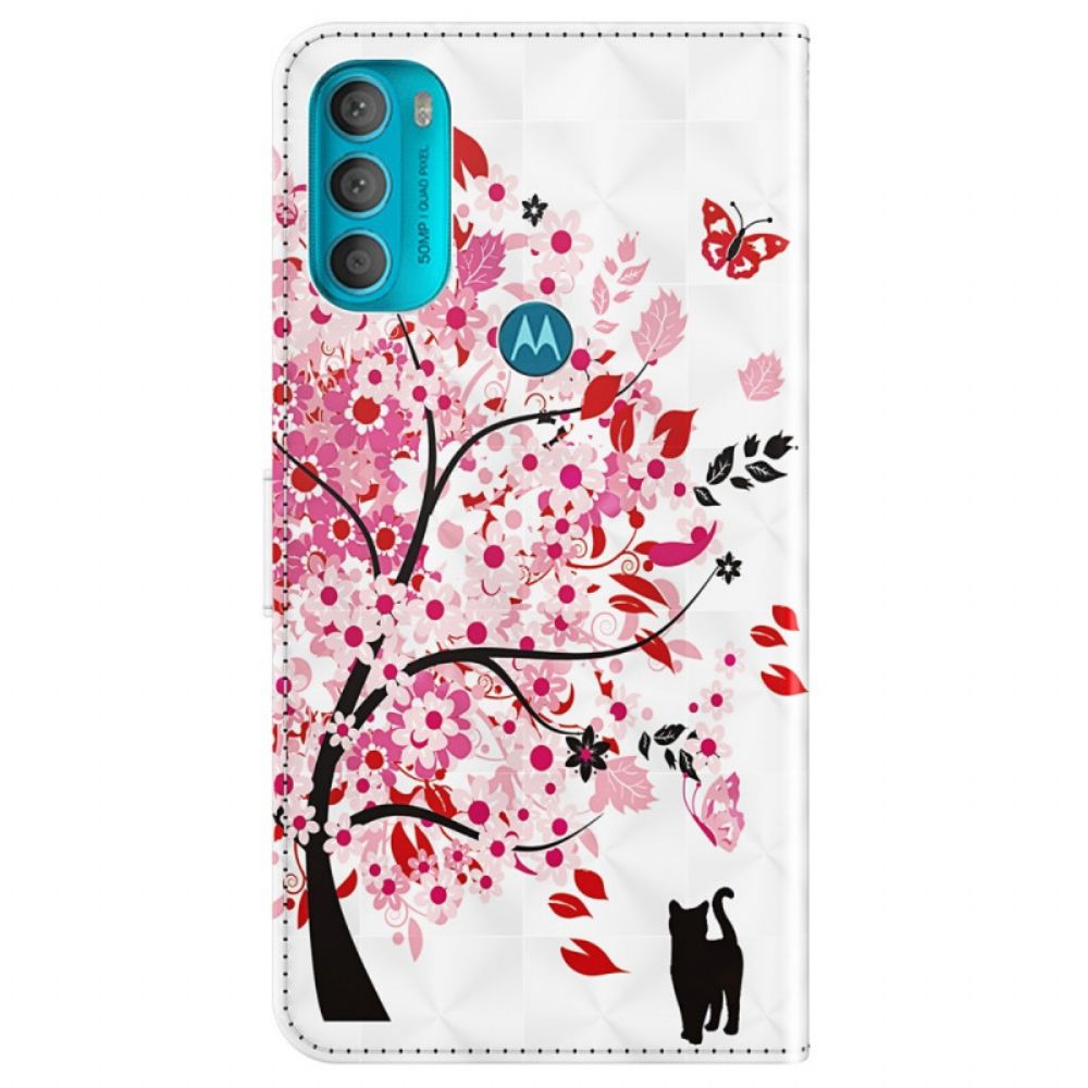 Lederhüllen Für Moto G71 5G Rosa Baum Und Schwarze Katze