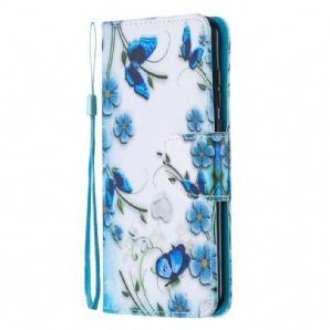 Lederhüllen Für Huawei P Smart S Mit Kordel Blauer Riemen Schmetterlinge Und Blumen