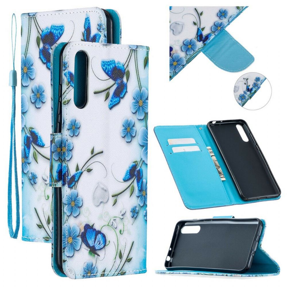 Lederhüllen Für Huawei P Smart S Mit Kordel Blauer Riemen Schmetterlinge Und Blumen