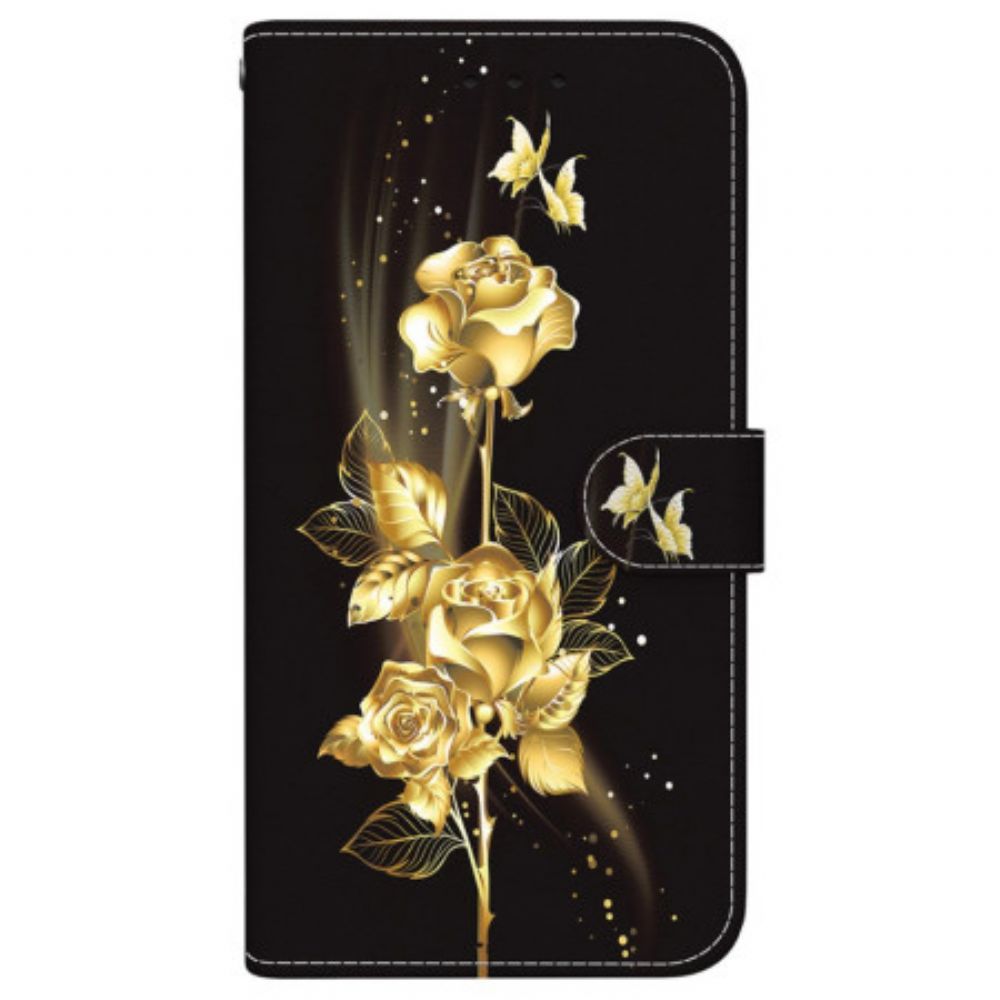 Lederhüllen Motorola Edge 50 Pro Goldene Und Rosa Schmetterlinge Mit Riemen