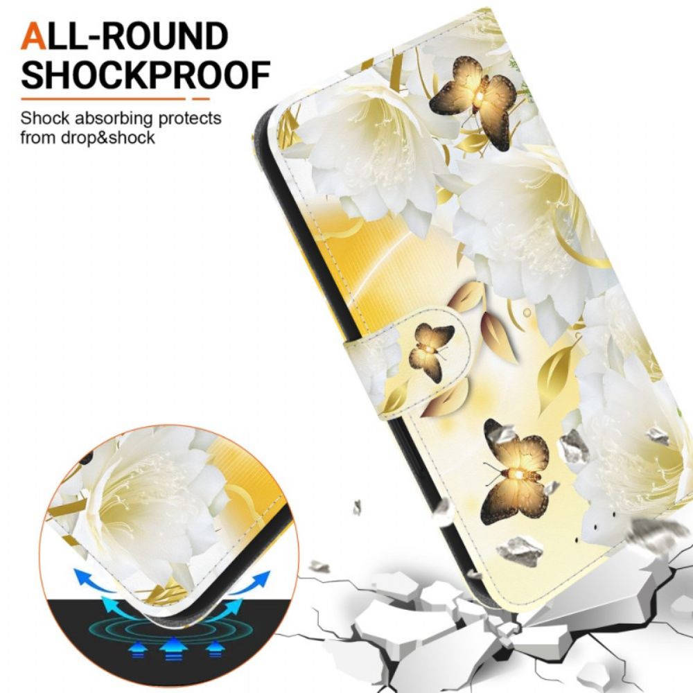 Lederhüllen Motorola Edge 50 Pro Handyhülle Goldene Schmetterlinge Und Weiße Blumen Mit Riemen