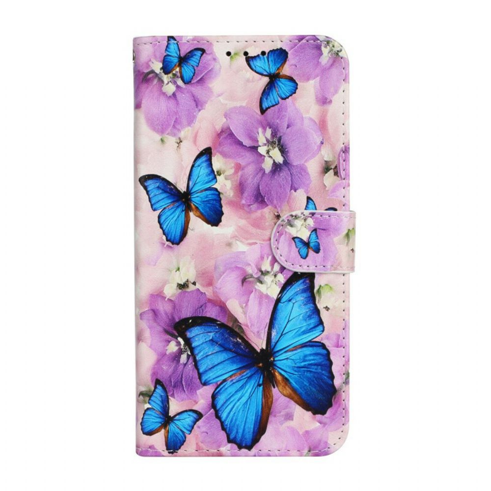 Flip Case Für iPhone 13 Mini Blaue Schmetterlinge In Blumen