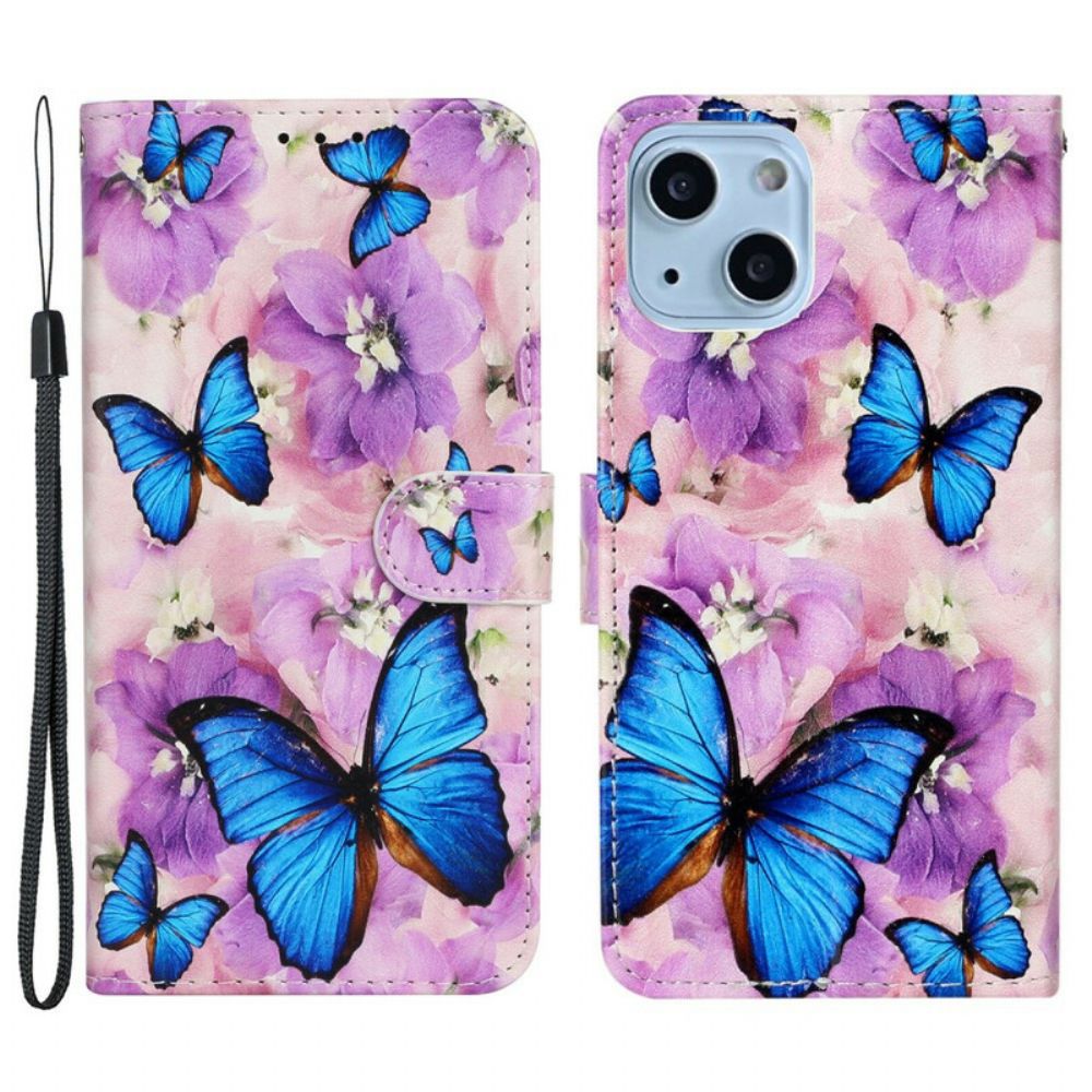 Flip Case Für iPhone 13 Mini Blaue Schmetterlinge In Blumen