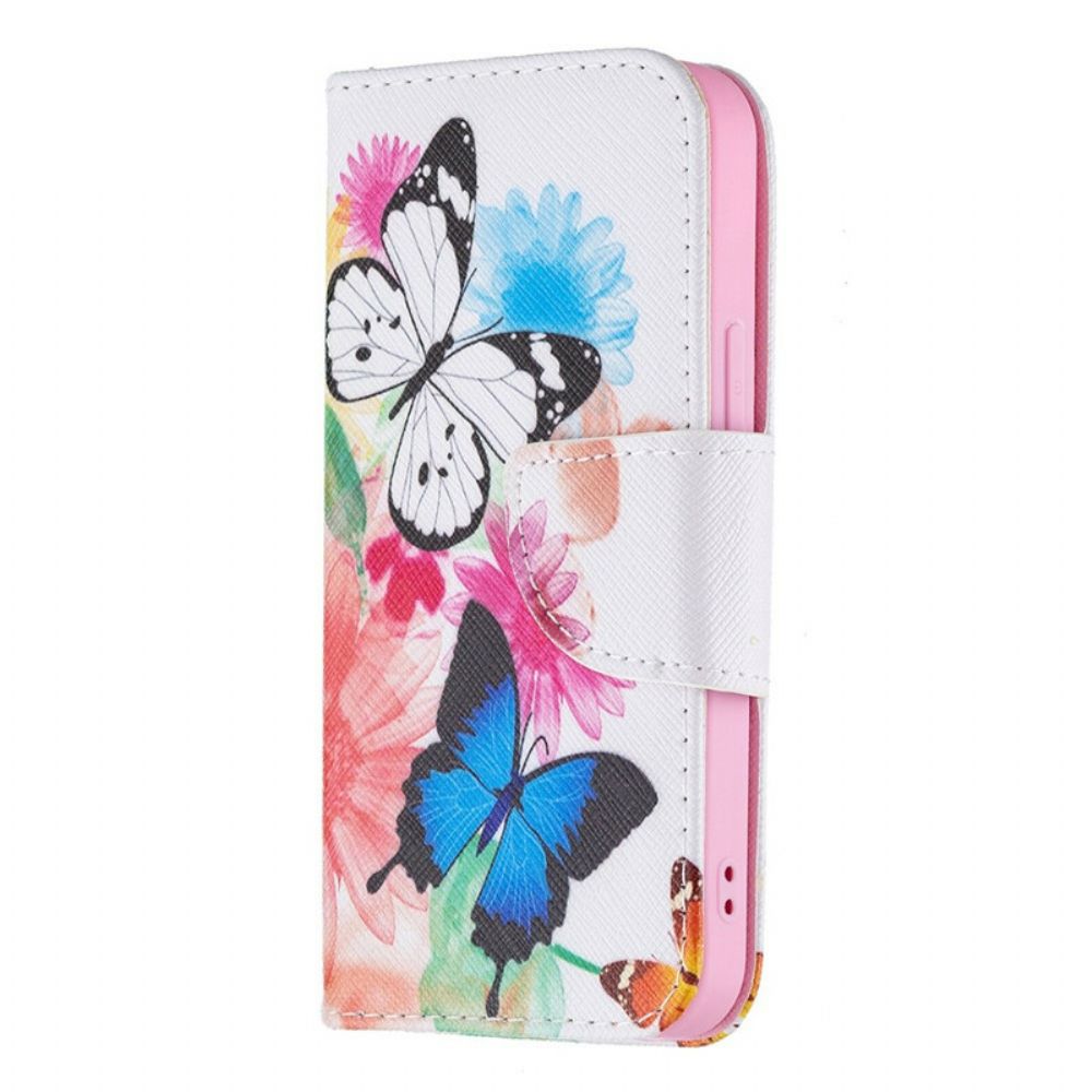 Flip Case Für iPhone 13 Mini Gemalte Schmetterlinge Und Blumen