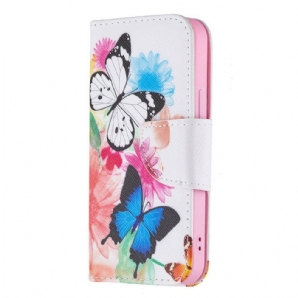 Flip Case Für iPhone 13 Mini Gemalte Schmetterlinge Und Blumen