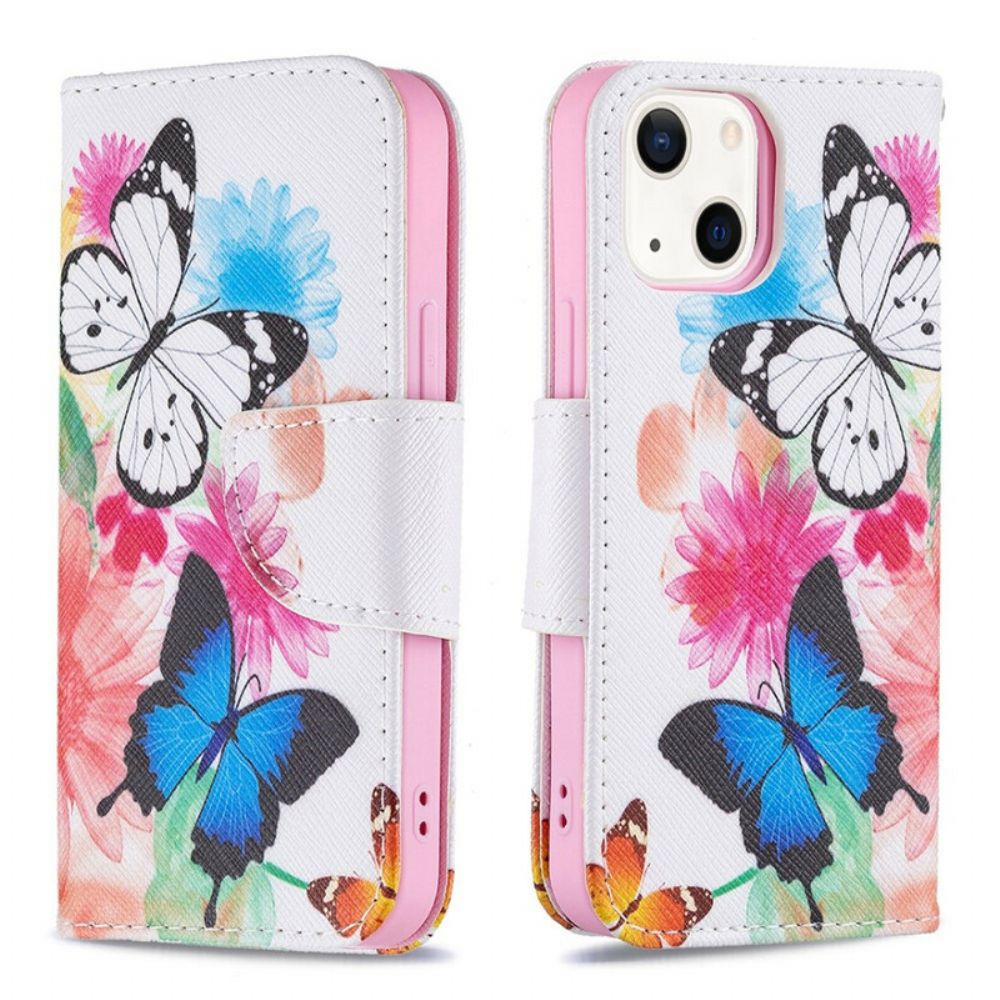 Flip Case Für iPhone 13 Mini Gemalte Schmetterlinge Und Blumen