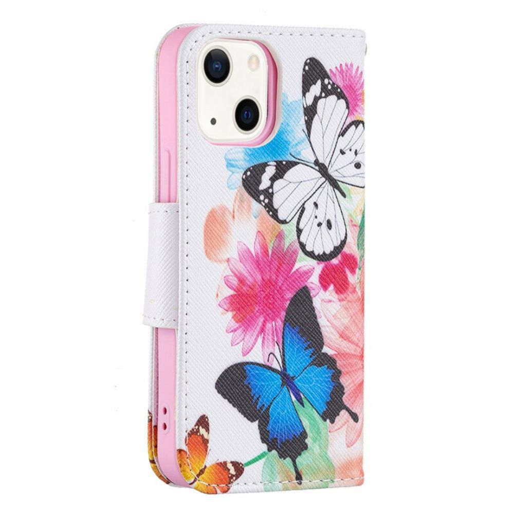 Flip Case Für iPhone 13 Mini Gemalte Schmetterlinge Und Blumen