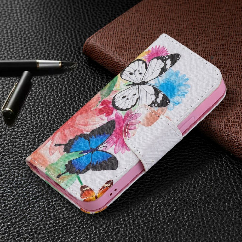 Flip Case Für iPhone 13 Mini Gemalte Schmetterlinge Und Blumen