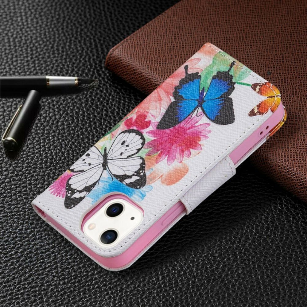 Flip Case Für iPhone 13 Mini Gemalte Schmetterlinge Und Blumen