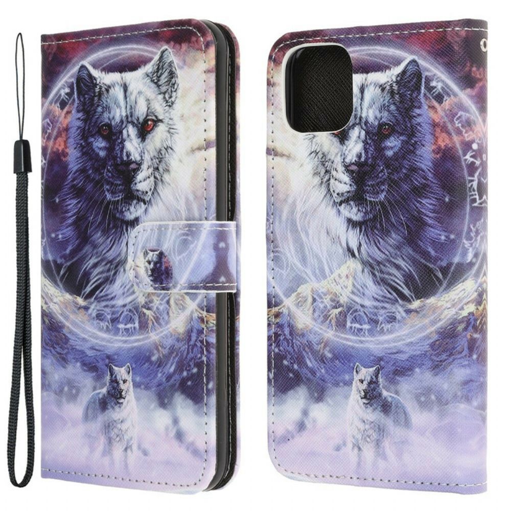 Flip Case Für iPhone 13 Mini Winterwolf Mit Lanyard