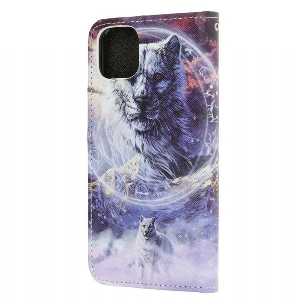 Flip Case Für iPhone 13 Mini Winterwolf Mit Lanyard