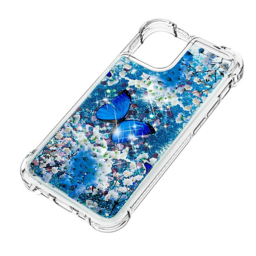 Handyhülle Für iPhone 13 Mini Blaue Glitzerschmetterlinge