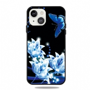 Handyhülle Für iPhone 13 Mini Schmetterling Und Blaue Blumen