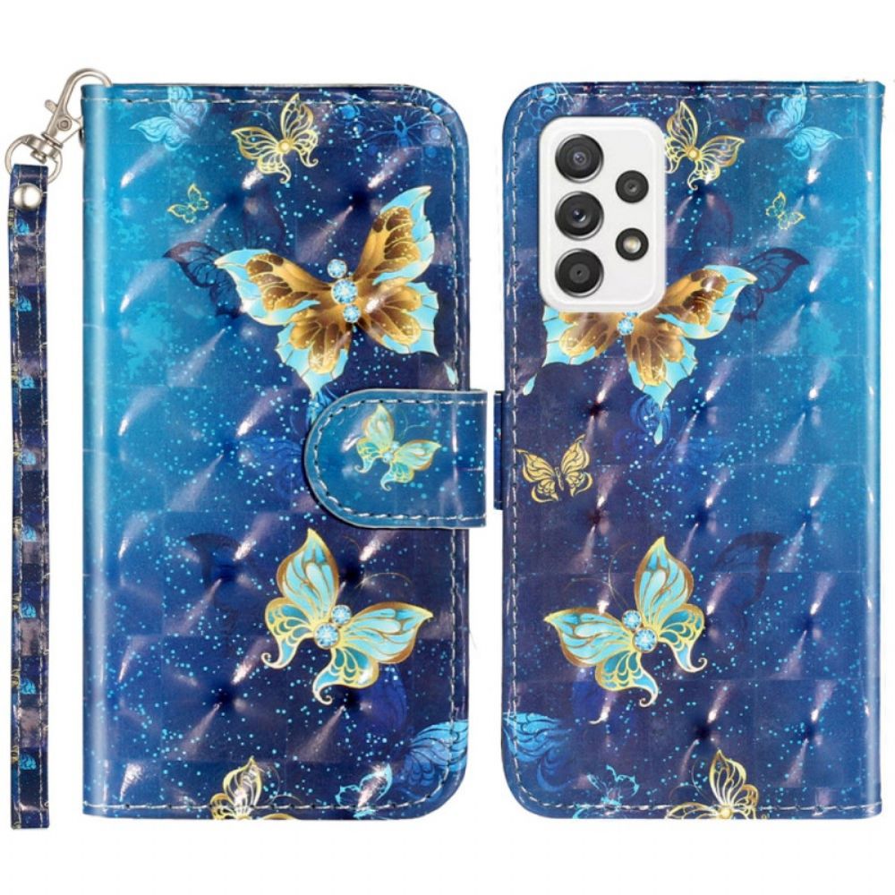 Flip Case Für Samsung Galaxy A33 5G Mit Kordel Goldene Schmetterlinge Mit Riemen