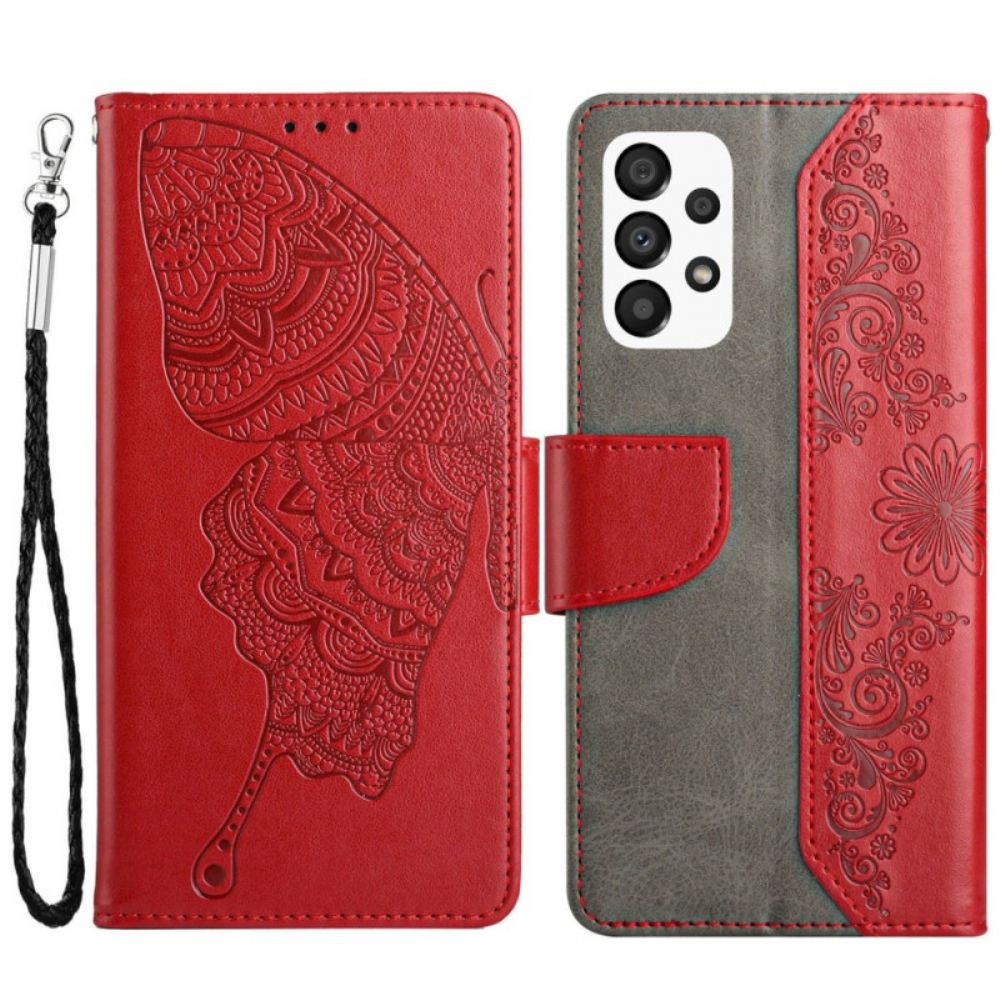 Flip Case Für Samsung Galaxy A33 5G Mit Kordel Zweifarbiger Schmetterling Mit Riemen