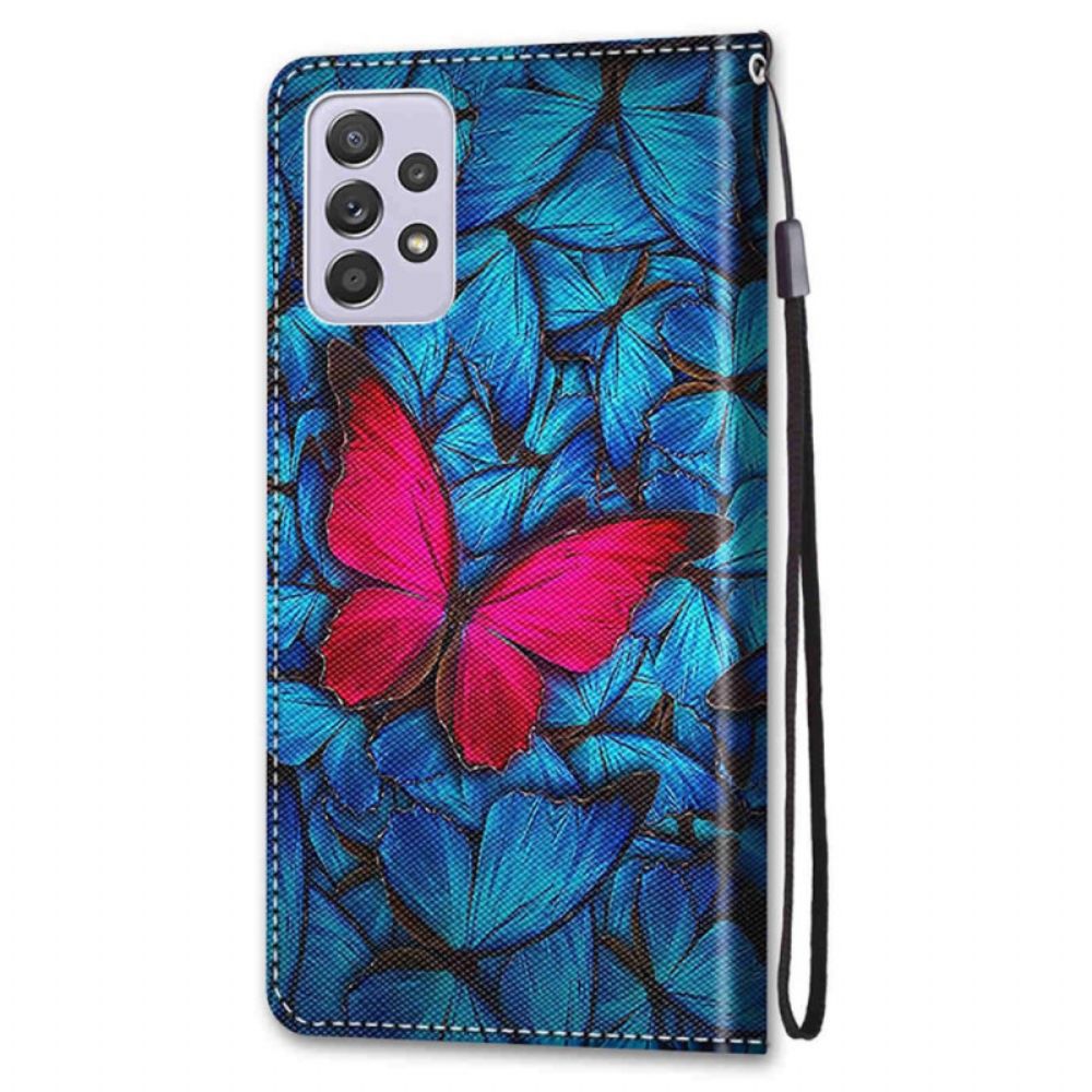 Flip Case Für Samsung Galaxy A33 5G Roter Schmetterling Auf Blauem Hintergrund