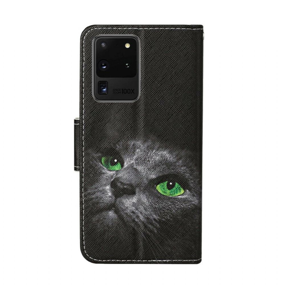 Flip Case Für Samsung Galaxy S20 Ultra Grünäugige Katze Mit Lanyard