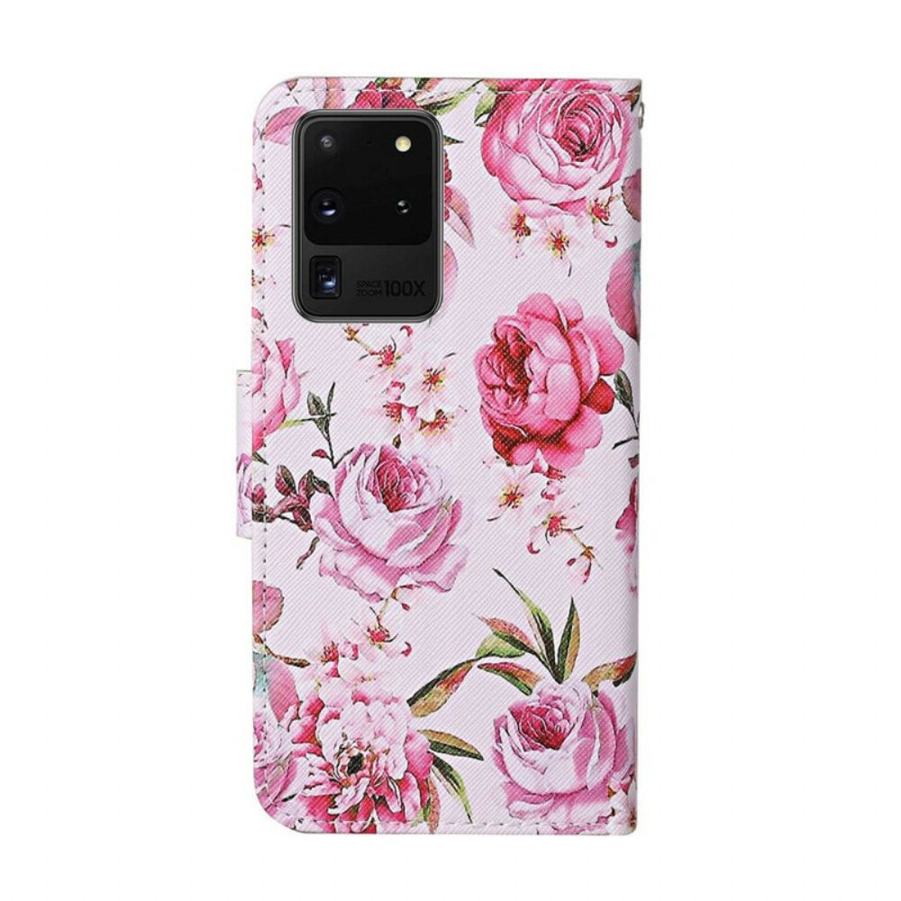 Flip Case Für Samsung Galaxy S20 Ultra Meisterhafte Blumen Mit Riemen