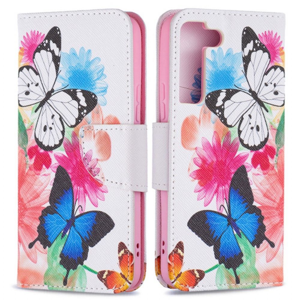 Flip Case Für Samsung Galaxy S22 5G Gemalte Schmetterlinge Und Blumen