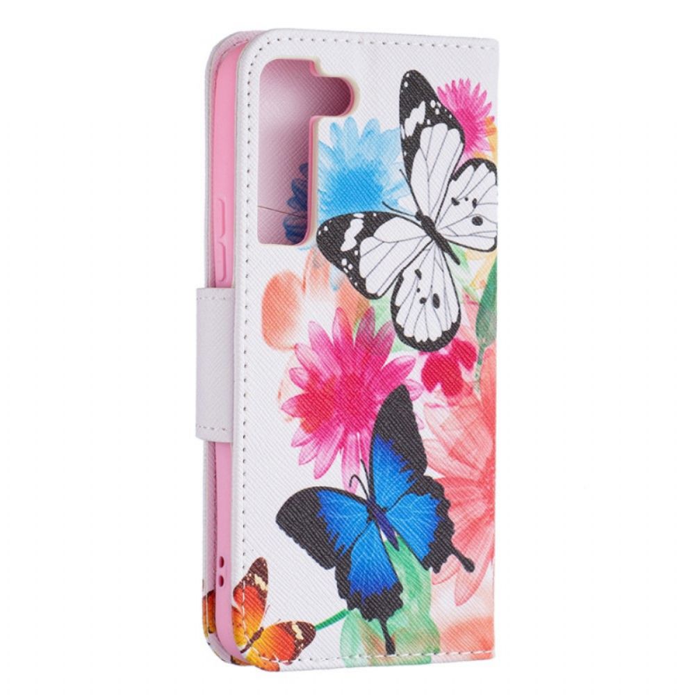 Flip Case Für Samsung Galaxy S22 5G Gemalte Schmetterlinge Und Blumen