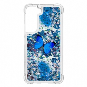 Handyhülle Für Samsung Galaxy S22 5G Blaue Glitzerschmetterlinge