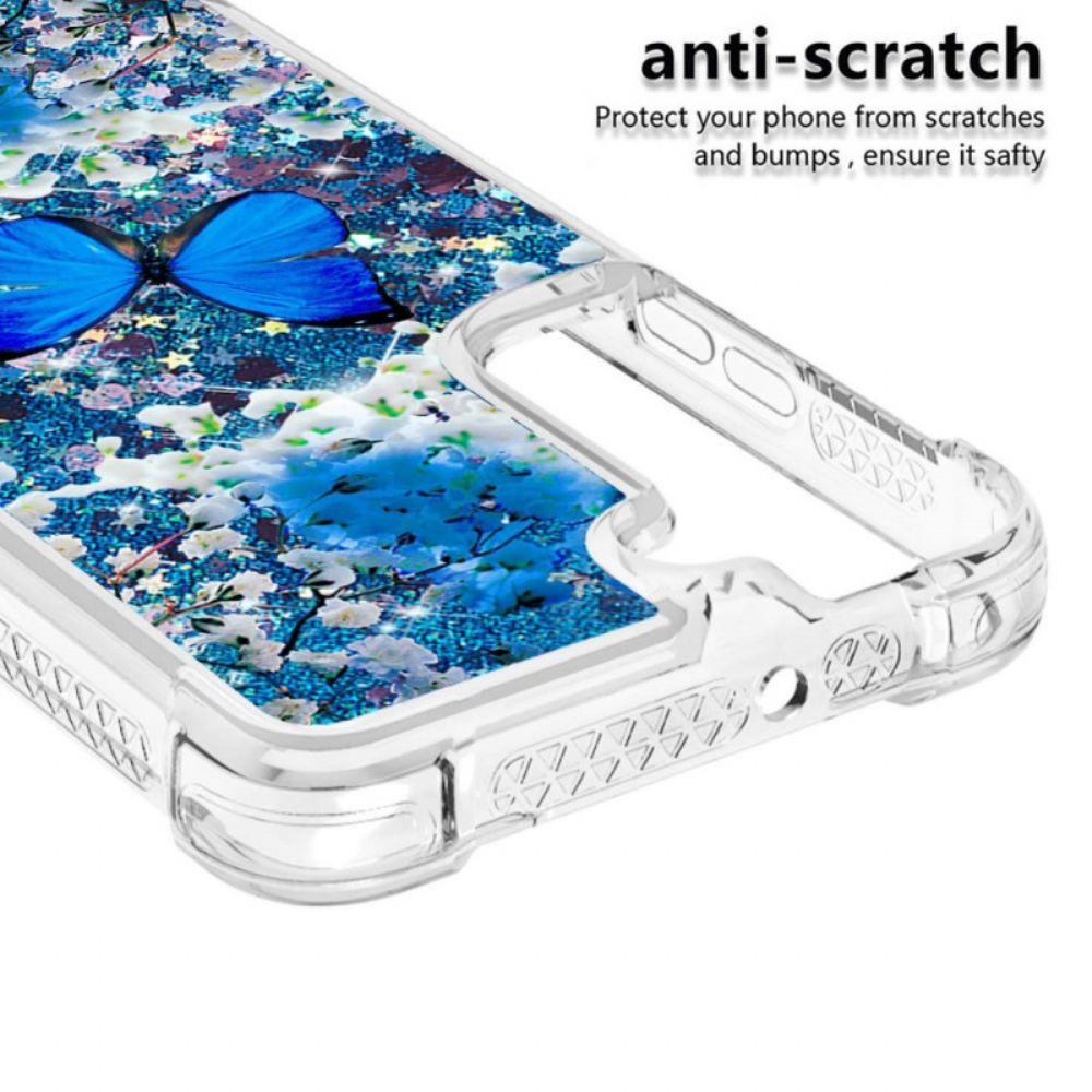 Handyhülle Für Samsung Galaxy S22 5G Blaue Glitzerschmetterlinge