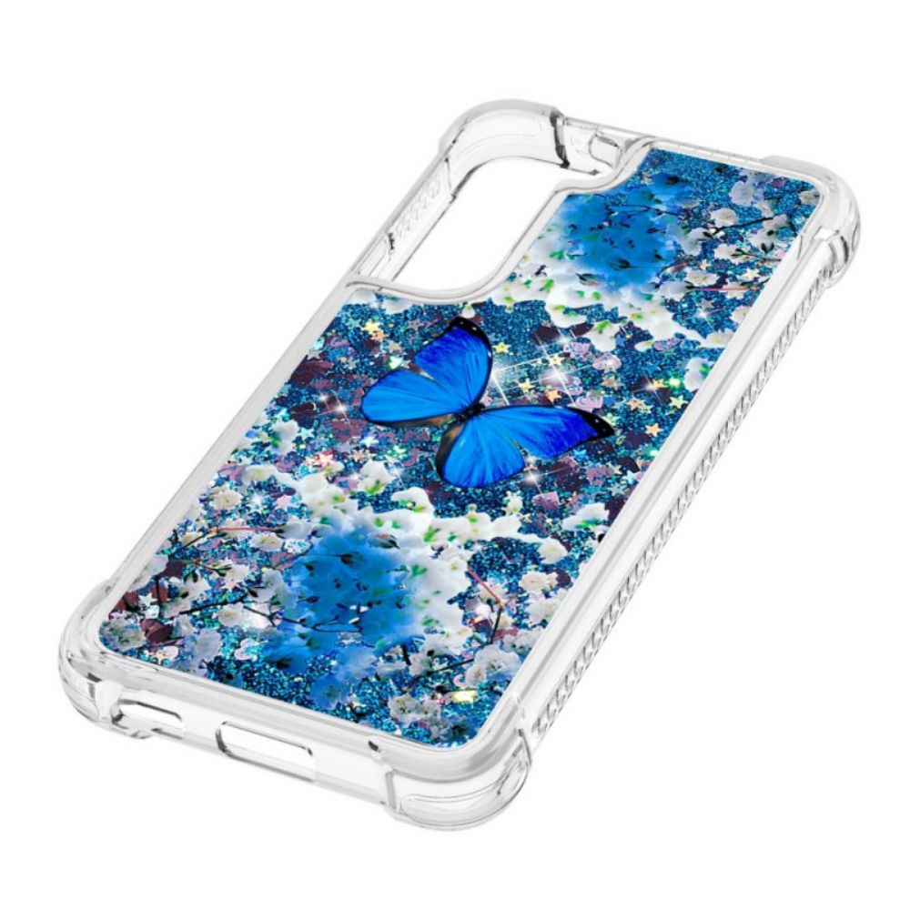 Handyhülle Für Samsung Galaxy S22 5G Blaue Glitzerschmetterlinge